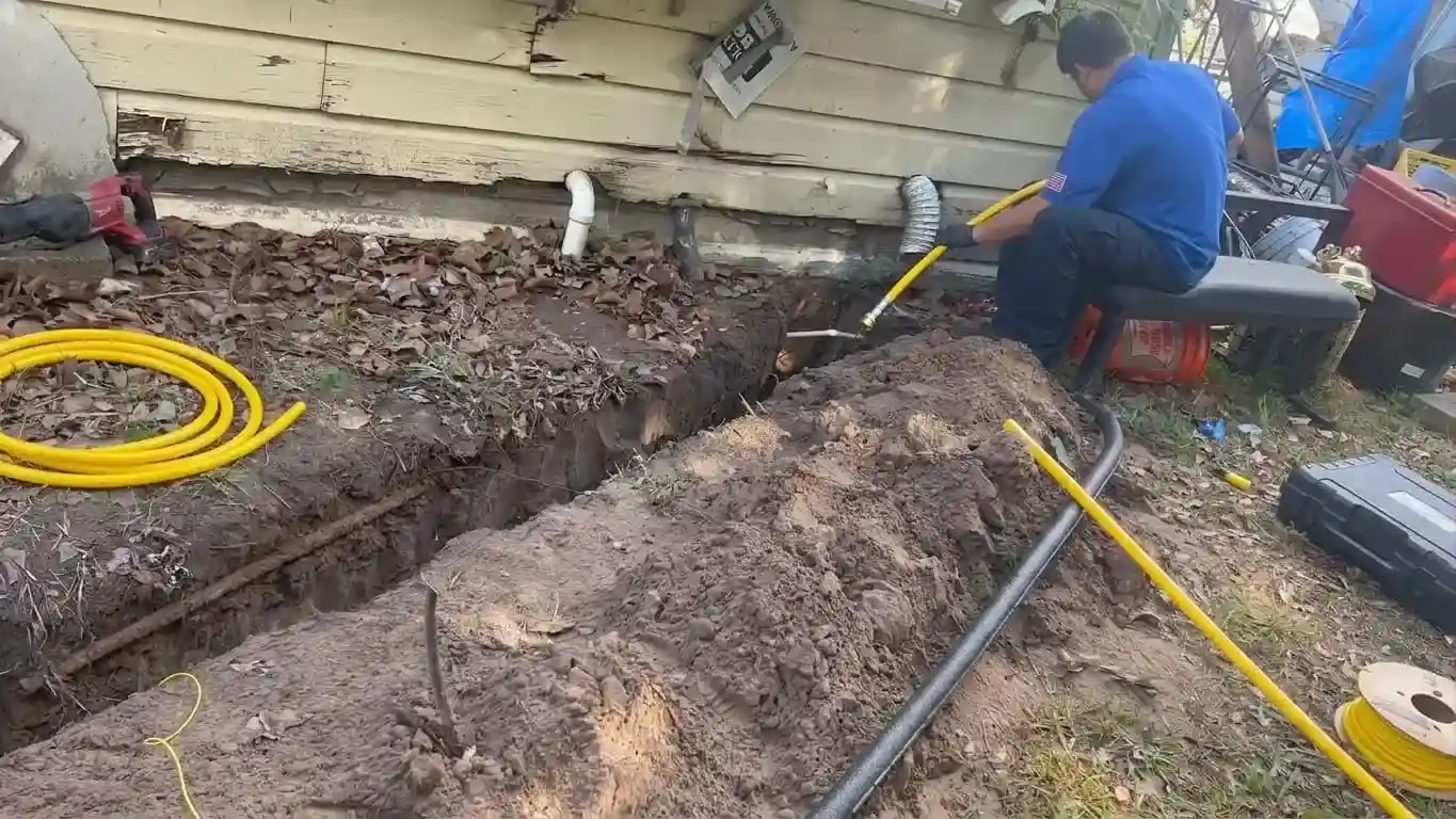 New gas line trench along a Chicago house exterior during installation