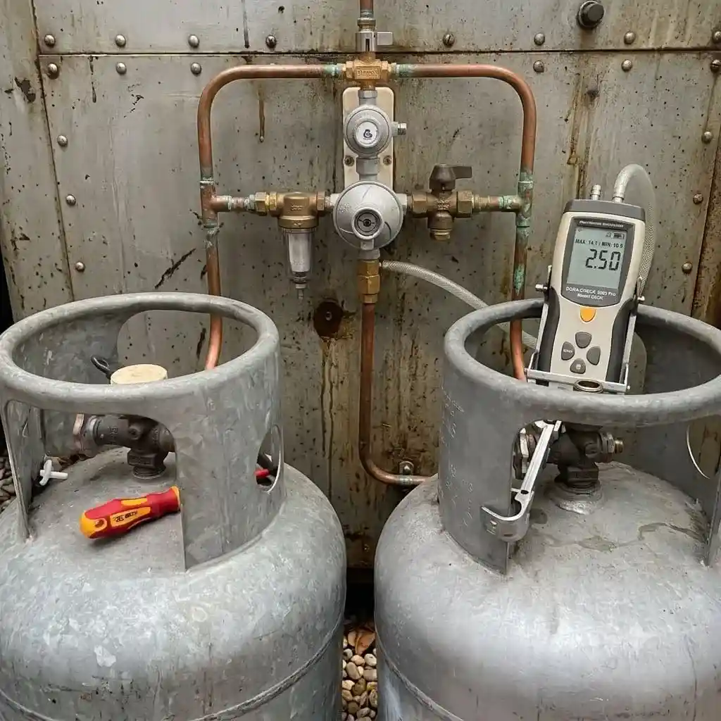 Gas line pressure test gauge verifying a completed leak repair in Chicago