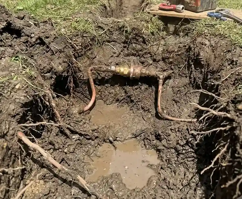 Excavated underground gas service line repair on a Chicago property